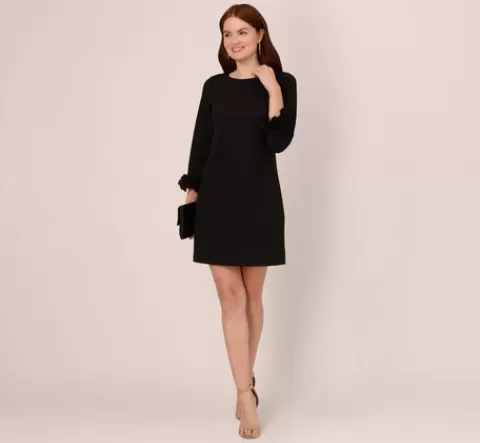 Adrianna Papell Three Quarter Sleeve Shift Dress With Floral Embellished Cuffs In BLACK Best