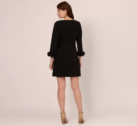 Adrianna Papell Three Quarter Sleeve Shift Dress With Floral Embellished Cuffs In BLACK Best