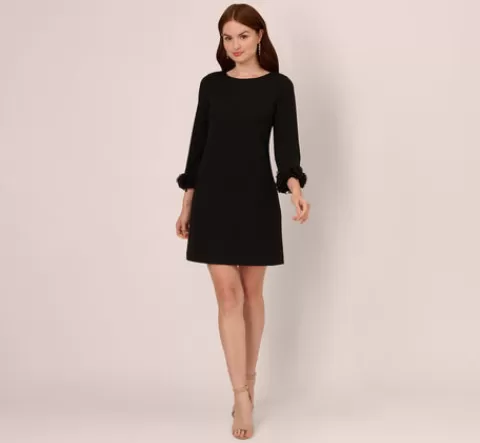 Adrianna Papell Three Quarter Sleeve Shift Dress With Floral Embellished Cuffs In BLACK Best