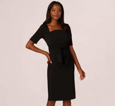 Adrianna Papell Three Quarter Sleeve Trapeze Dress With Ruffle Mock Neck In BLACK Cheap