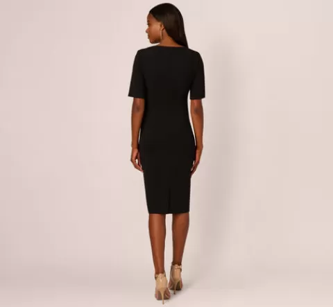 Adrianna Papell Three Quarter Sleeve Trapeze Dress With Ruffle Mock Neck In BLACK Cheap