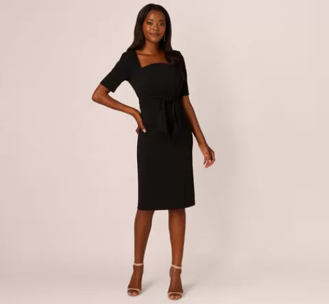 Adrianna Papell Three Quarter Sleeve Trapeze Dress With Ruffle Mock Neck In BLACK Cheap