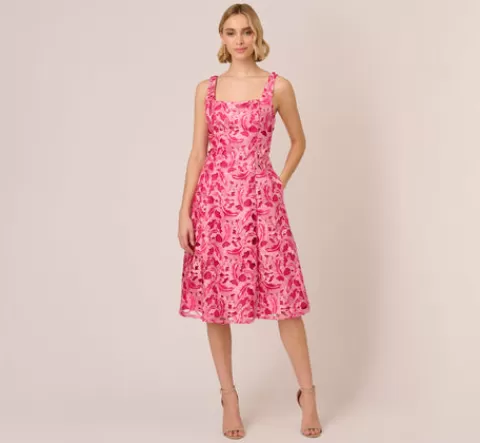 Adrianna Papell Tonal Lace Sleeveless Midi Dress With Pockets In Electric Pink ELECTRICPINK Cheap