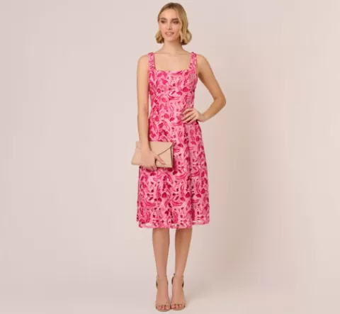 Adrianna Papell Tonal Lace Sleeveless Midi Dress With Pockets In Electric Pink ELECTRICPINK Cheap