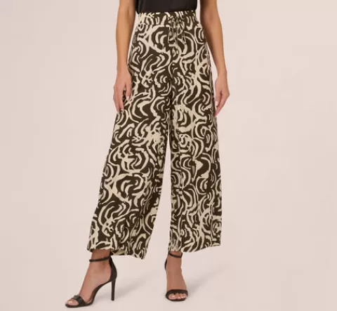 Adrianna Papell Tropical Floral Print Wide Leg Pants With Drawstring Waist In Chocolate Walnut Large Swirl CHOCOLATEWALNUTLARGESWIRL Best Sale