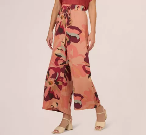Adrianna Papell Tropical Floral Print Wide Leg Pants With Drawstring Waist In DEEPBURGUNDYLARGESUNSETFLORAL Sale