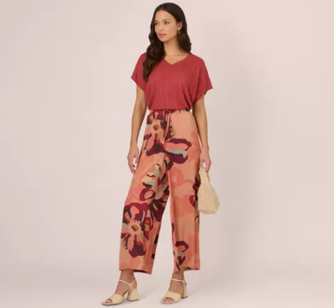Adrianna Papell Tropical Floral Print Wide Leg Pants With Drawstring Waist In DEEPBURGUNDYLARGESUNSETFLORAL Sale