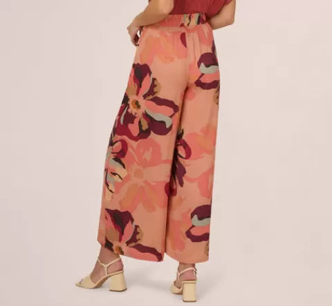 Adrianna Papell Tropical Floral Print Wide Leg Pants With Drawstring Waist In DEEPBURGUNDYLARGESUNSETFLORAL Sale