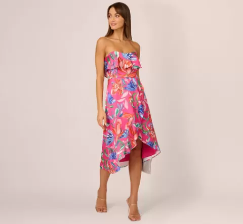 Adrianna Papell Tropical Floral Sateen Strapless Midi Dress With Ruffle Accent In Pink Multi PINKMULTI Shop
