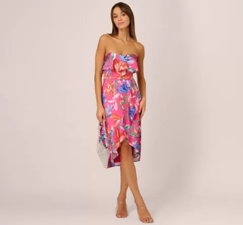 Adrianna Papell Tropical Floral Sateen Strapless Midi Dress With Ruffle Accent In Pink Multi PINKMULTI Shop