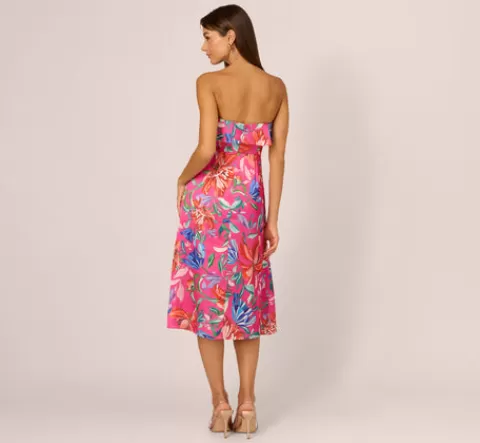 Adrianna Papell Tropical Floral Sateen Strapless Midi Dress With Ruffle Accent In Pink Multi PINKMULTI Shop