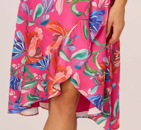 Adrianna Papell Tropical Floral Sateen Strapless Midi Dress With Ruffle Accent In Pink Multi PINKMULTI Shop