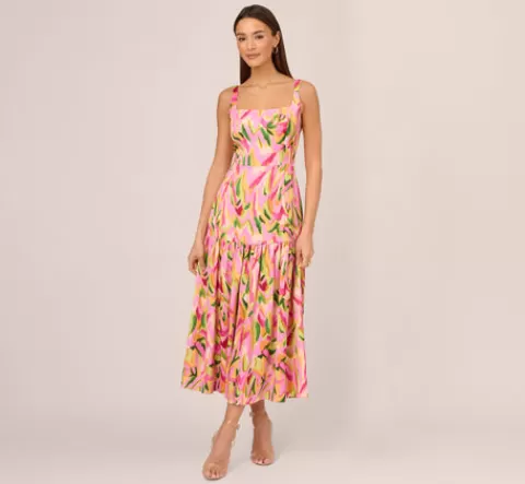 Adrianna Papell Tropical Print Satin Ankle Length Dress With Tiered Skirt In Pink Multi PINKMULTI Flash Sale