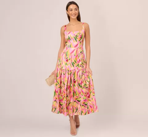 Adrianna Papell Tropical Print Satin Ankle Length Dress With Tiered Skirt In Pink Multi PINKMULTI Flash Sale