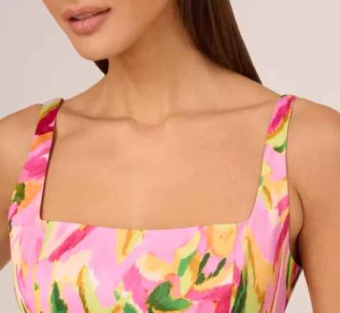 Adrianna Papell Tropical Print Satin Ankle Length Dress With Tiered Skirt In Pink Multi PINKMULTI Flash Sale