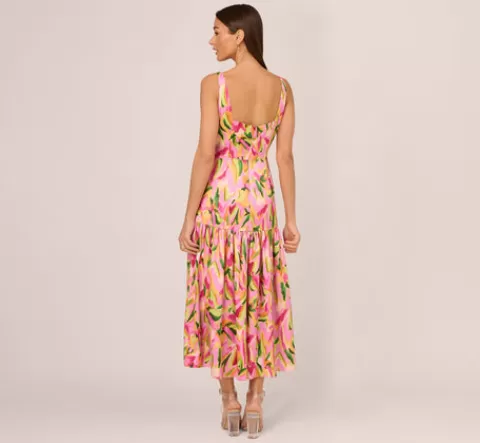 Adrianna Papell Tropical Print Satin Ankle Length Dress With Tiered Skirt In Pink Multi PINKMULTI Flash Sale