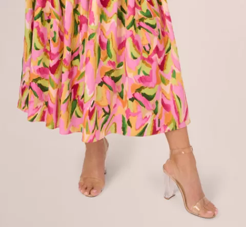 Adrianna Papell Tropical Print Satin Ankle Length Dress With Tiered Skirt In Pink Multi PINKMULTI Flash Sale