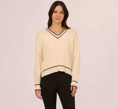 Adrianna Papell V Neck High Low Cable Knit Sweater In Cream Blue Moon CREAM-BLUEMOON Best Sale