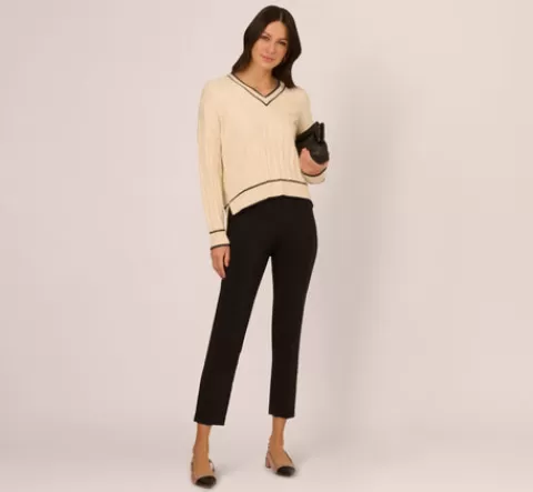 Adrianna Papell V Neck High Low Cable Knit Sweater In Cream Blue Moon CREAM-BLUEMOON Best Sale