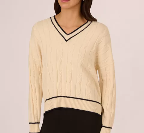 Adrianna Papell V Neck High Low Cable Knit Sweater In Cream Blue Moon CREAM-BLUEMOON Best Sale