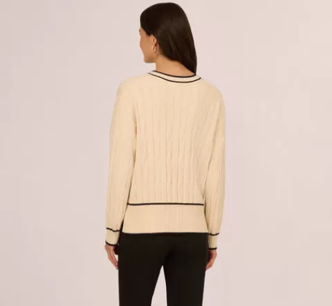Adrianna Papell V Neck High Low Cable Knit Sweater In Cream Blue Moon CREAM-BLUEMOON Best Sale