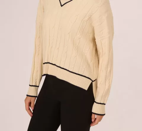 Adrianna Papell V Neck High Low Cable Knit Sweater In Cream Blue Moon CREAM-BLUEMOON Best Sale