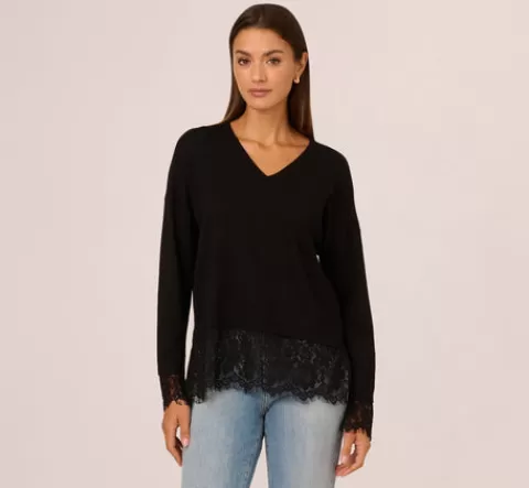 Adrianna Papell V Neck Lace Combo Twofer Sweater In BLACK Sale