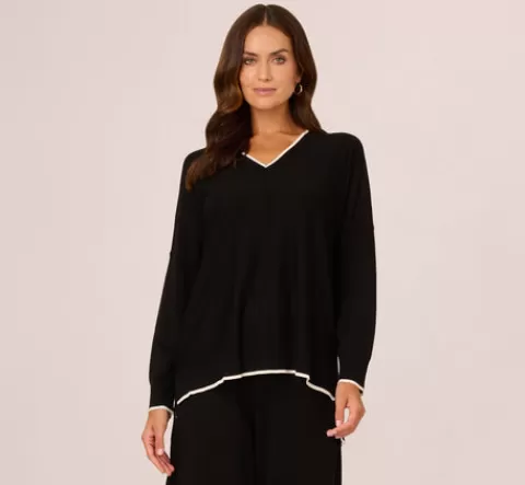 Adrianna Papell V Neck Pullover Sweater With Contrast Tipping In Black Ivory BLACK-IVORY Cheap