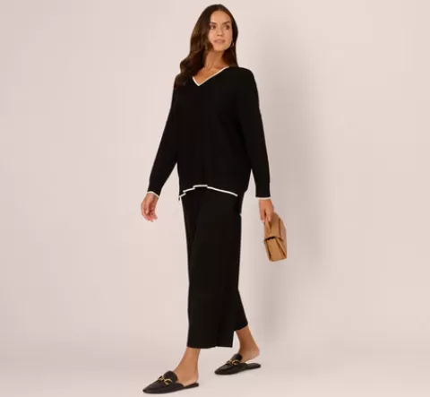 Adrianna Papell V Neck Pullover Sweater With Contrast Tipping In Black Ivory BLACK-IVORY Cheap
