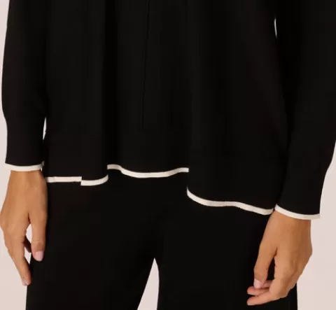 Adrianna Papell V Neck Pullover Sweater With Contrast Tipping In Black Ivory BLACK-IVORY Cheap