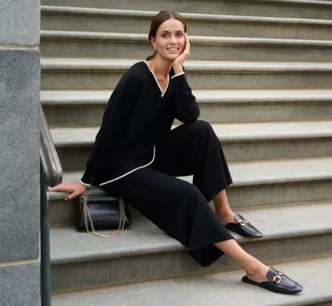 Adrianna Papell V Neck Pullover Sweater With Contrast Tipping In Black Ivory BLACK-IVORY Cheap