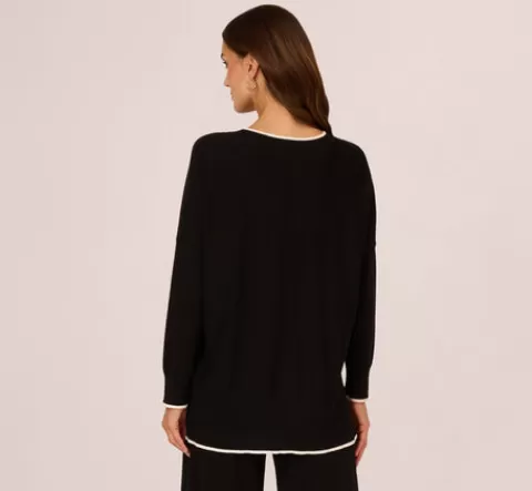 Adrianna Papell V Neck Pullover Sweater With Contrast Tipping In Black Ivory BLACK-IVORY Cheap