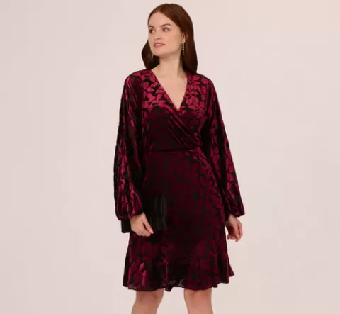 Adrianna Papell Velvet Burnout Faux Wrap Dress With Long Bishop Sleeves In Burgundy Black BURGUNDY-BLACK Online