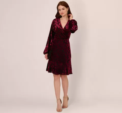 Adrianna Papell Velvet Burnout Faux Wrap Dress With Long Bishop Sleeves In Burgundy Black BURGUNDY-BLACK Online