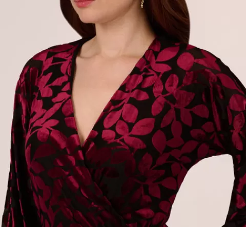 Adrianna Papell Velvet Burnout Faux Wrap Dress With Long Bishop Sleeves In Burgundy Black BURGUNDY-BLACK Online