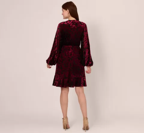 Adrianna Papell Velvet Burnout Faux Wrap Dress With Long Bishop Sleeves In Burgundy Black BURGUNDY-BLACK Online