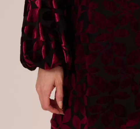 Adrianna Papell Velvet Burnout Faux Wrap Dress With Long Bishop Sleeves In Burgundy Black BURGUNDY-BLACK Online