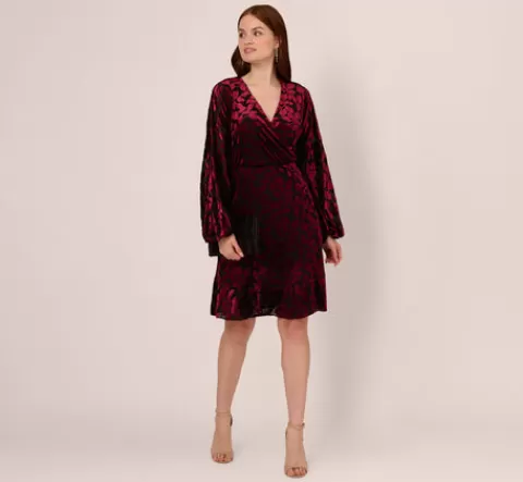 Adrianna Papell Velvet Burnout Faux Wrap Dress With Long Bishop Sleeves In Burgundy Black BURGUNDY-BLACK Online