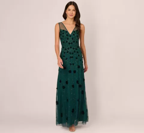 Adrianna Papell Velvet Floral Beaded Gown With Sheer Tank Straps In Gem Green GEMGREEN Shop