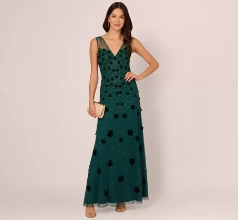 Adrianna Papell Velvet Floral Beaded Gown With Sheer Tank Straps In Gem Green GEMGREEN Shop