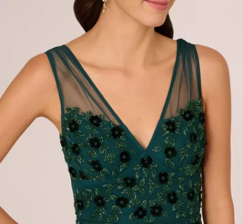 Adrianna Papell Velvet Floral Beaded Gown With Sheer Tank Straps In Gem Green GEMGREEN Shop