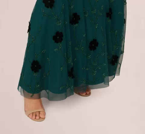 Adrianna Papell Velvet Floral Beaded Gown With Sheer Tank Straps In Gem Green GEMGREEN Shop