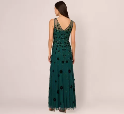 Adrianna Papell Velvet Floral Beaded Gown With Sheer Tank Straps In Gem Green GEMGREEN Shop