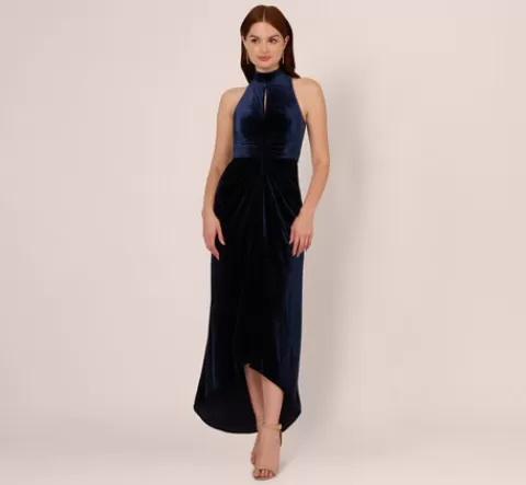 Adrianna Papell Velvet High Low Halter Gown With Cutout Mock Neck In MIDNIGHT Cheap