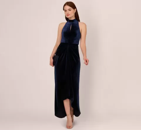 Adrianna Papell Velvet High Low Halter Gown With Cutout Mock Neck In MIDNIGHT Cheap