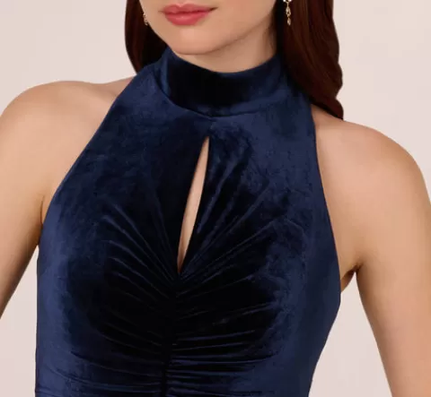 Adrianna Papell Velvet High Low Halter Gown With Cutout Mock Neck In MIDNIGHT Cheap