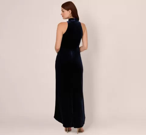 Adrianna Papell Velvet High Low Halter Gown With Cutout Mock Neck In MIDNIGHT Cheap