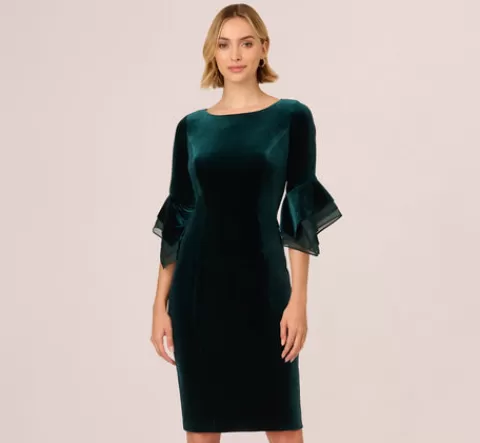 Adrianna Papell Velvet Sheath Dress With Tiered Three Quarter Sleeves In HUNTER Sale