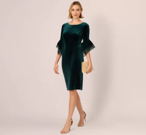 Adrianna Papell Velvet Sheath Dress With Tiered Three Quarter Sleeves In HUNTER Sale