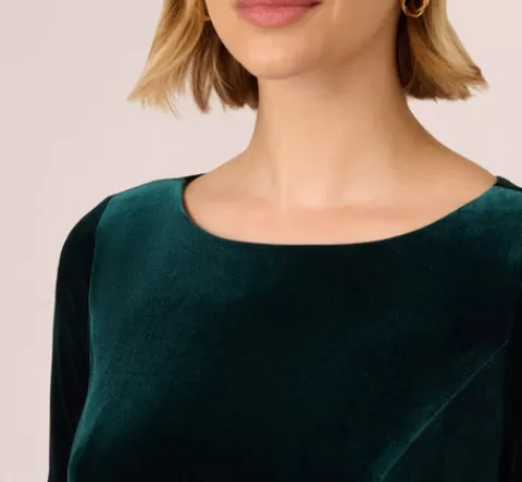 Adrianna Papell Velvet Sheath Dress With Tiered Three Quarter Sleeves In HUNTER Sale